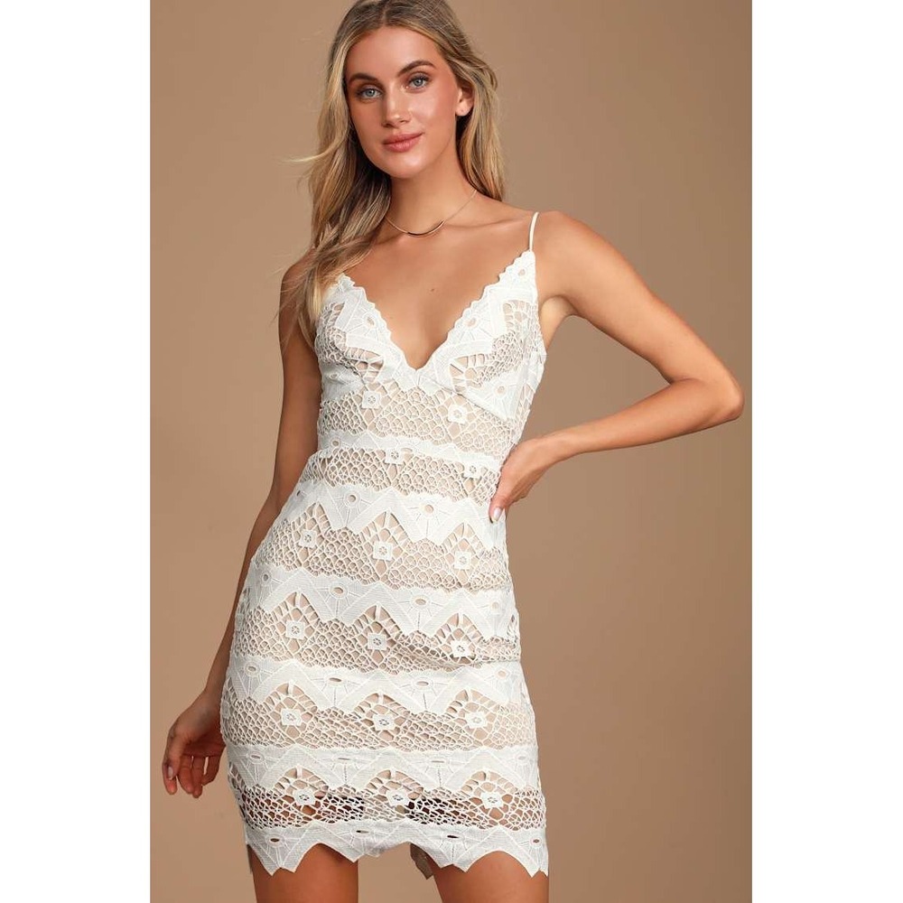 Lulus Remarkable White Lace Bodycon Dress Mini Nude‎ Lining Adjustable Strap